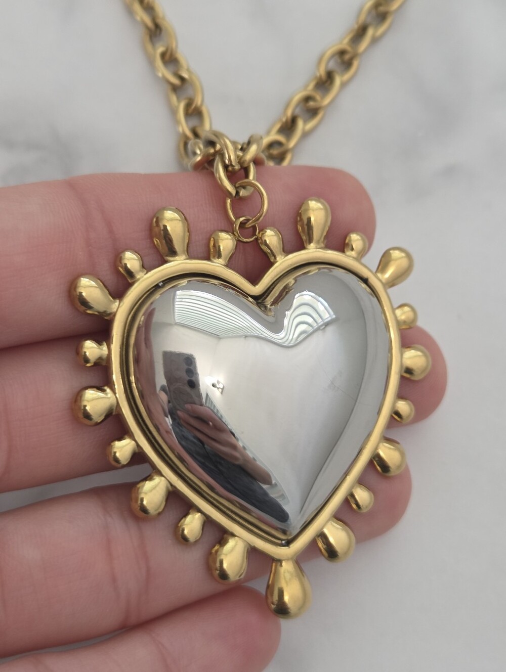 Two Tone Puffy Heart Pendant Statement Necklace - Picture 10 of 16
